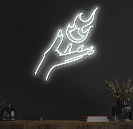 Flame in hand neon sign