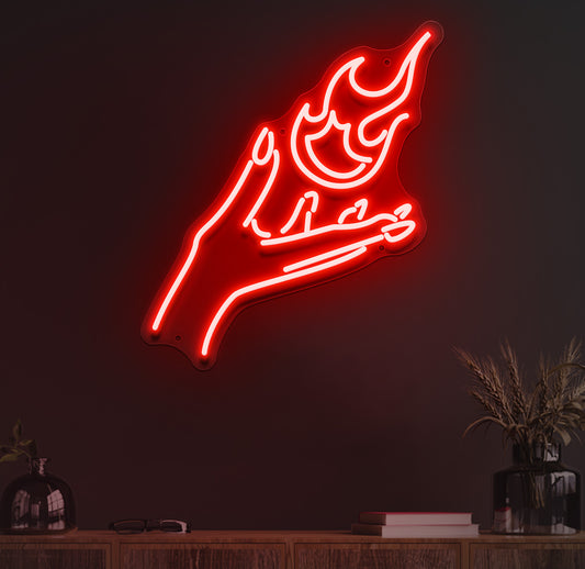 Flame in hand neon sign